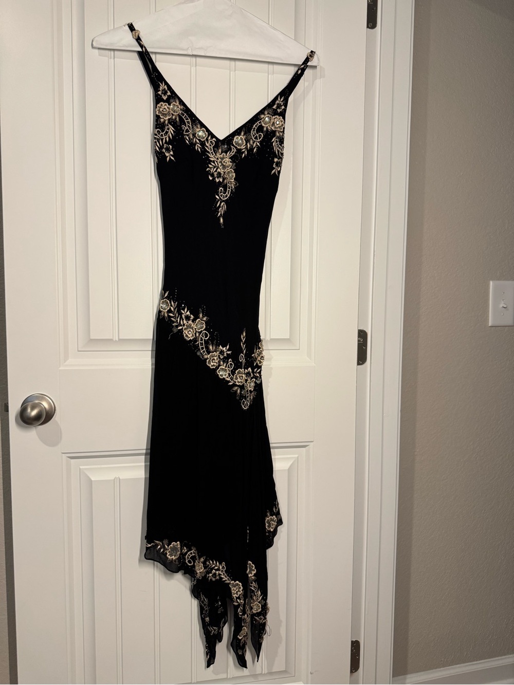 Cache Black 100% Silk Asymmetrical Slip Dress with Gold Floral Embroidery